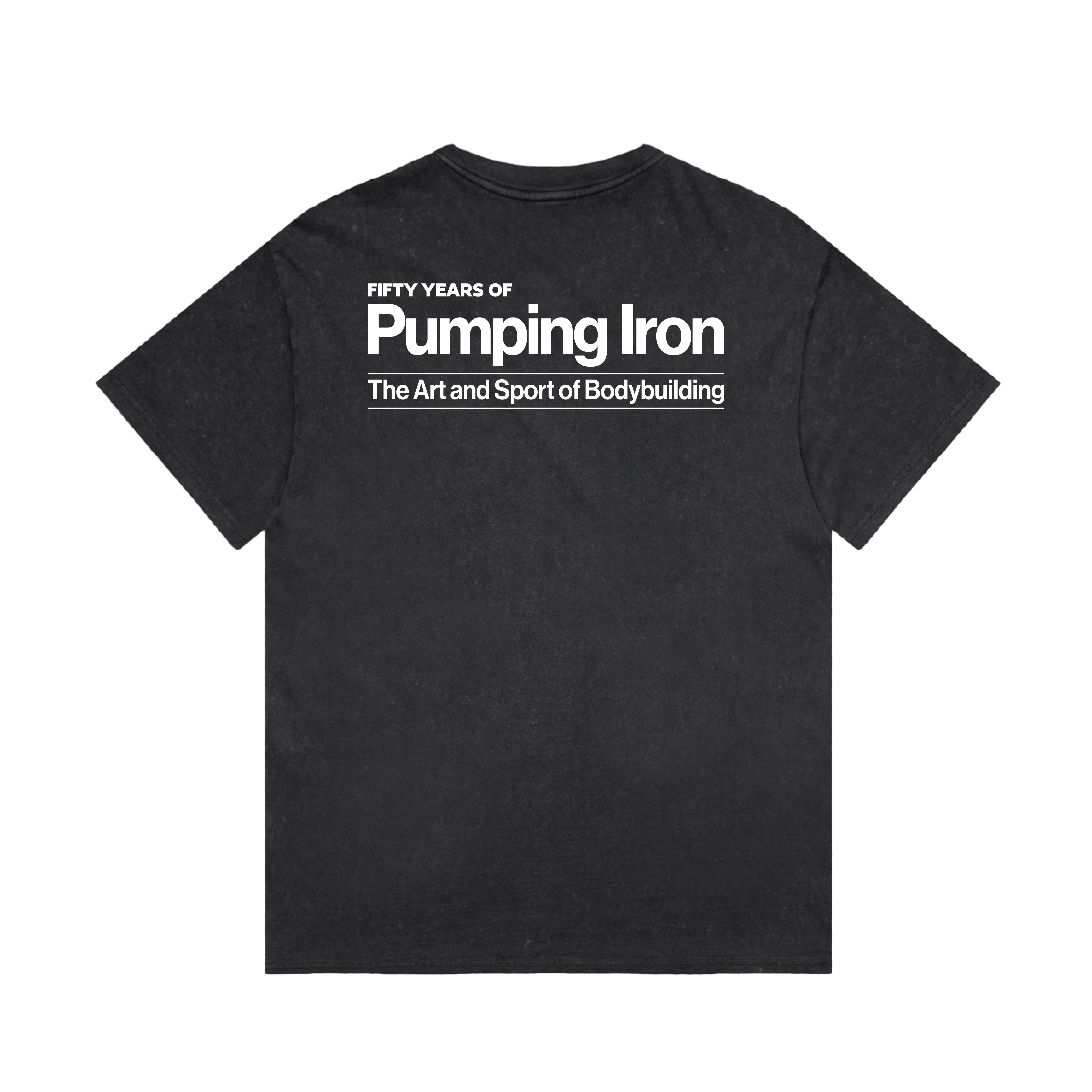 Pumping Iron 50 T-Shirt back view — official Pumping Iron 50th anniversary tee