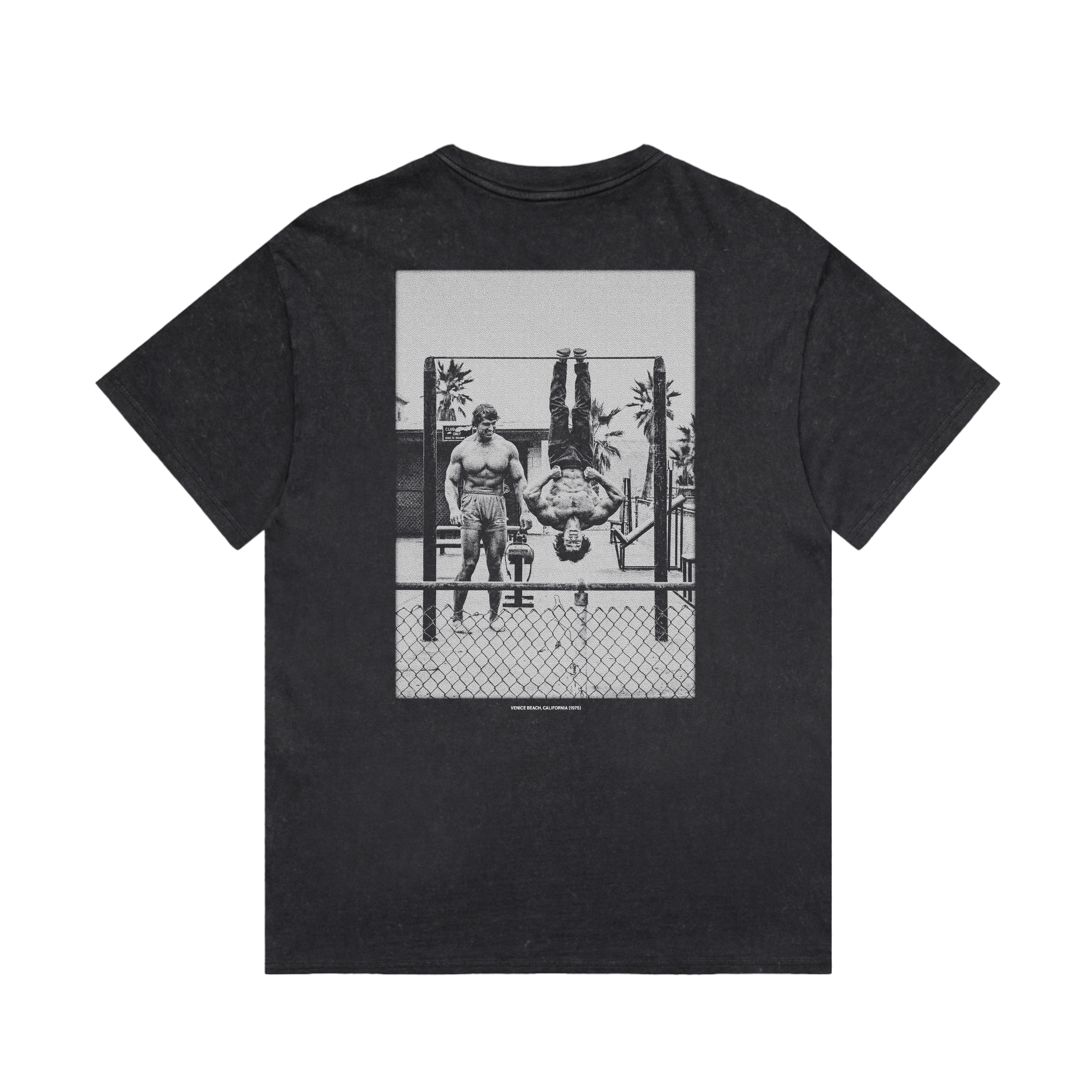 Venice Beach T-Shirt back — original black-and-white Muscle Beach photo print of golden-era bodybuilders training