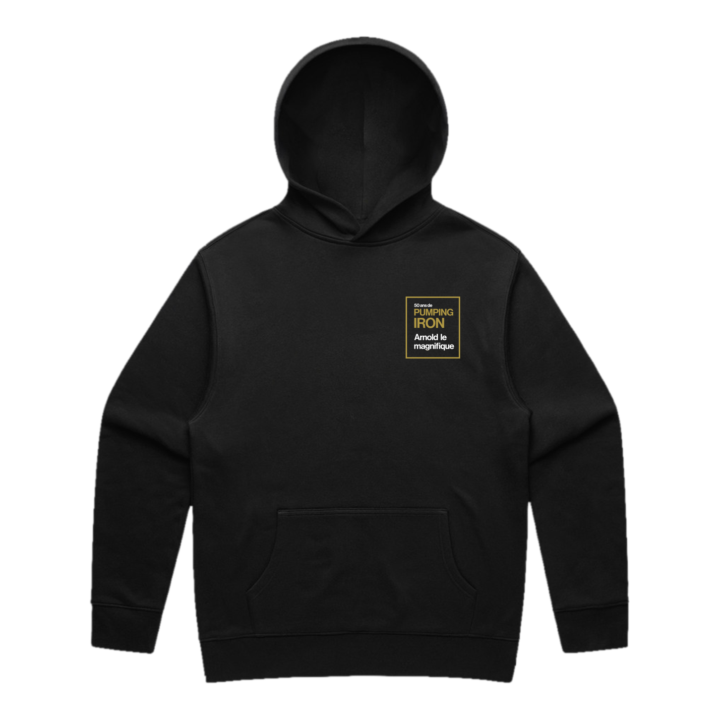 Arnold Magnifique Hoodie front — black heavyweight hoodie with gold 'Pumping Iron: Arnold le Magnifique' badge on the left chest