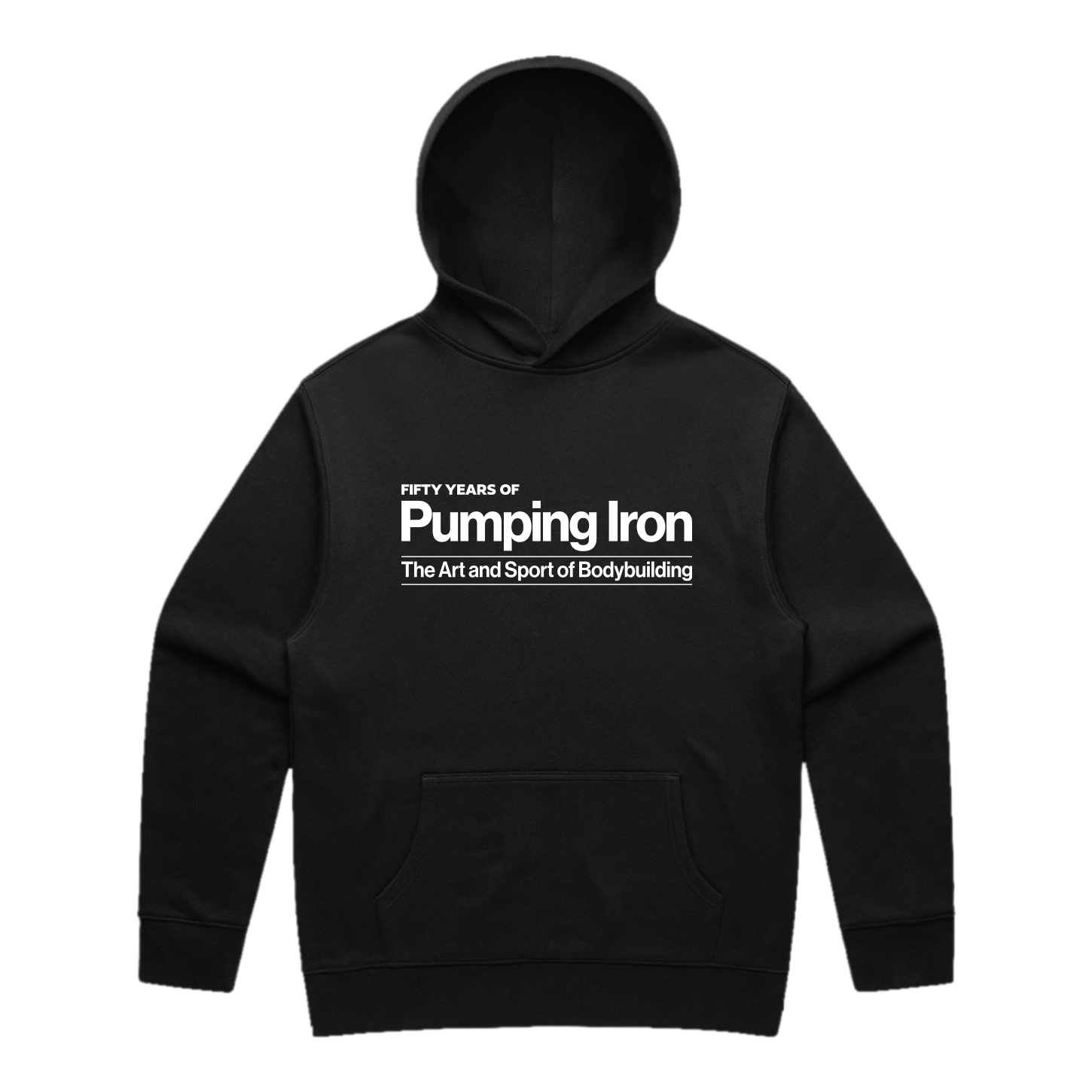 Venice Beach Hoodie front — black heavyweight hoodie with 'Fifty Years of Pumping Iron: The Art and Sport of Bodybuilding' chest print