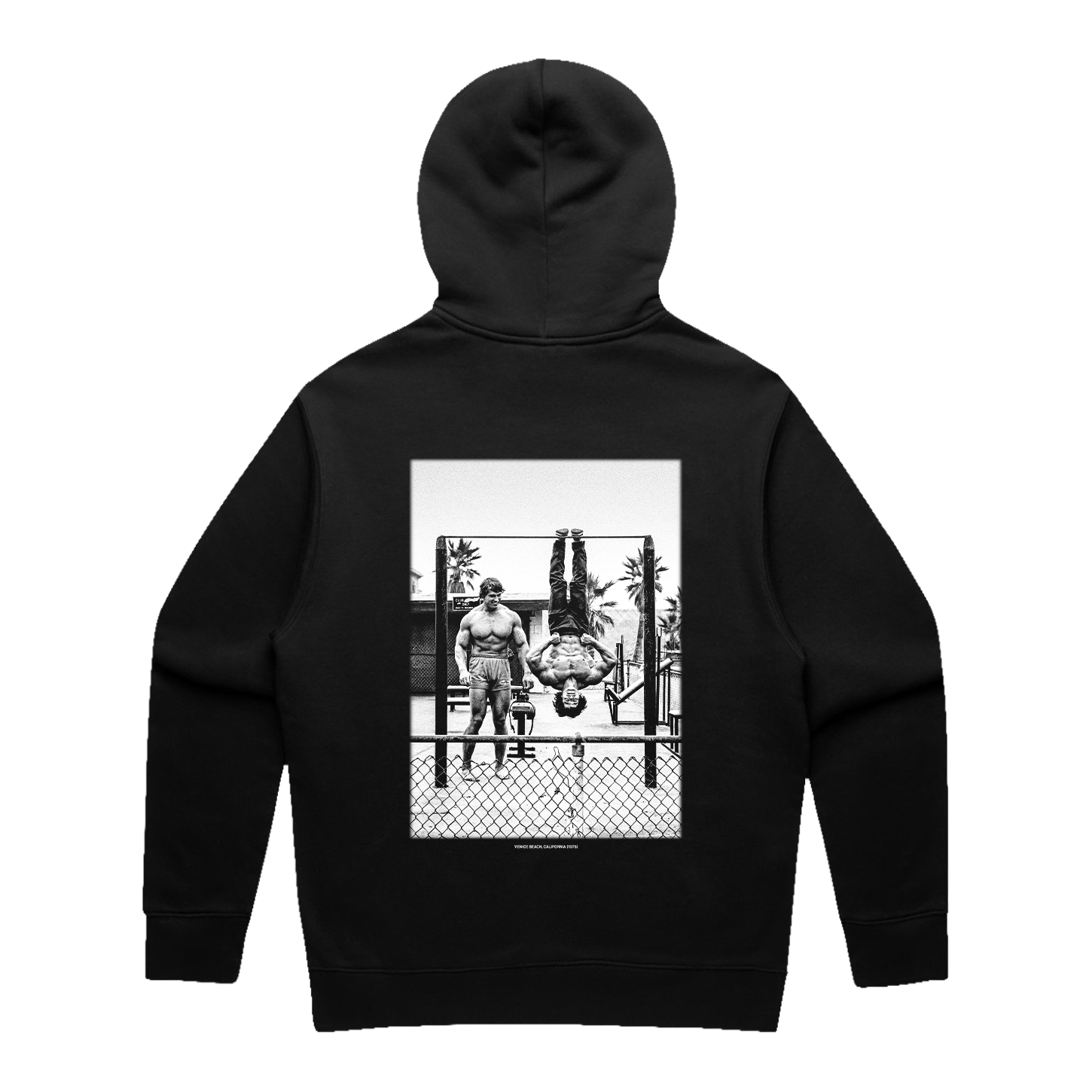 Venice Beach Hoodie back — vintage black-and-white photo of bodybuilders training at an outdoor Muscle Beach gym by a chain-link fence