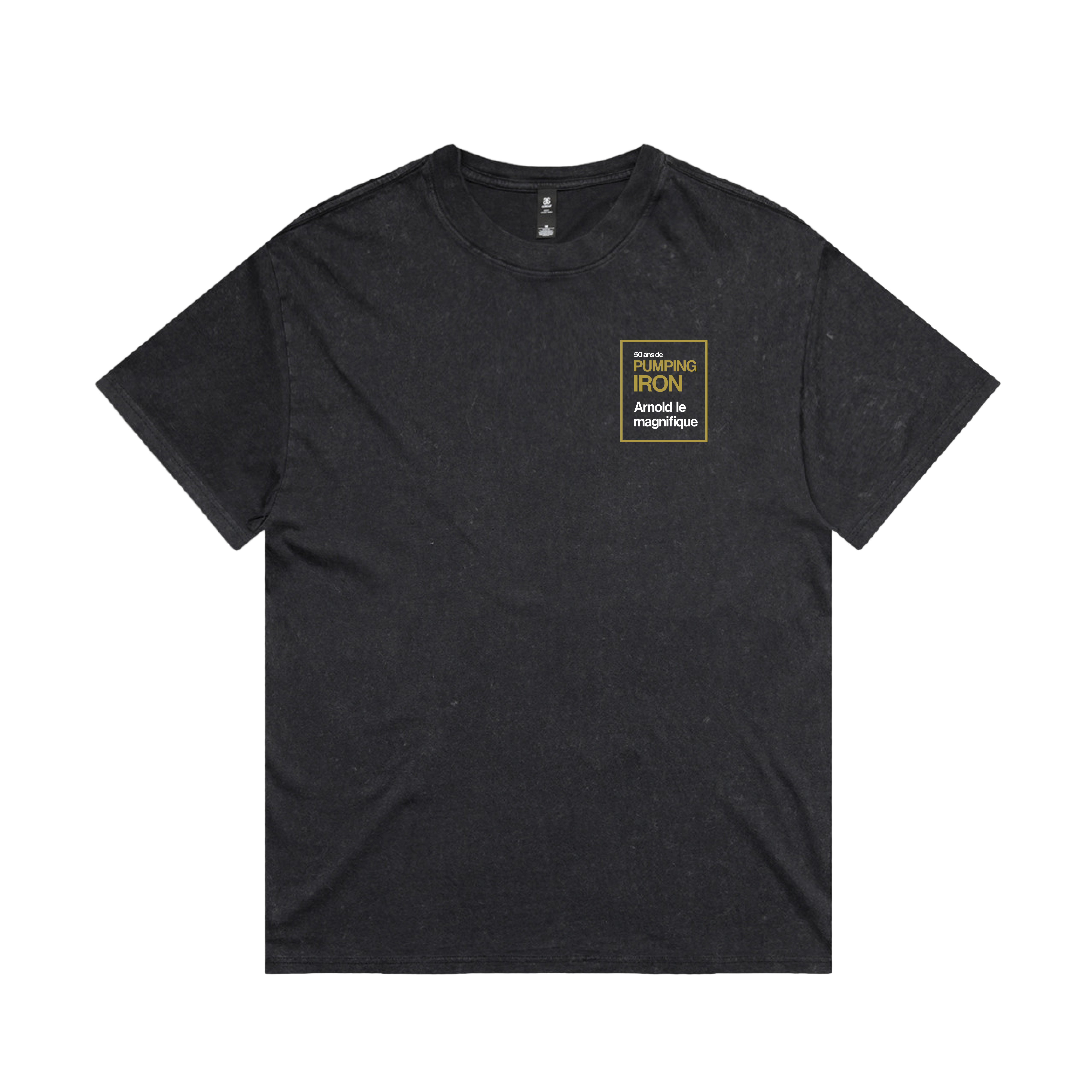 Arnold Magnifique T-Shirt front — black tee with classic Pumping Iron poster art of Arnold Schwarzenegger flexing, 'Arnold le Magnifique' in gold