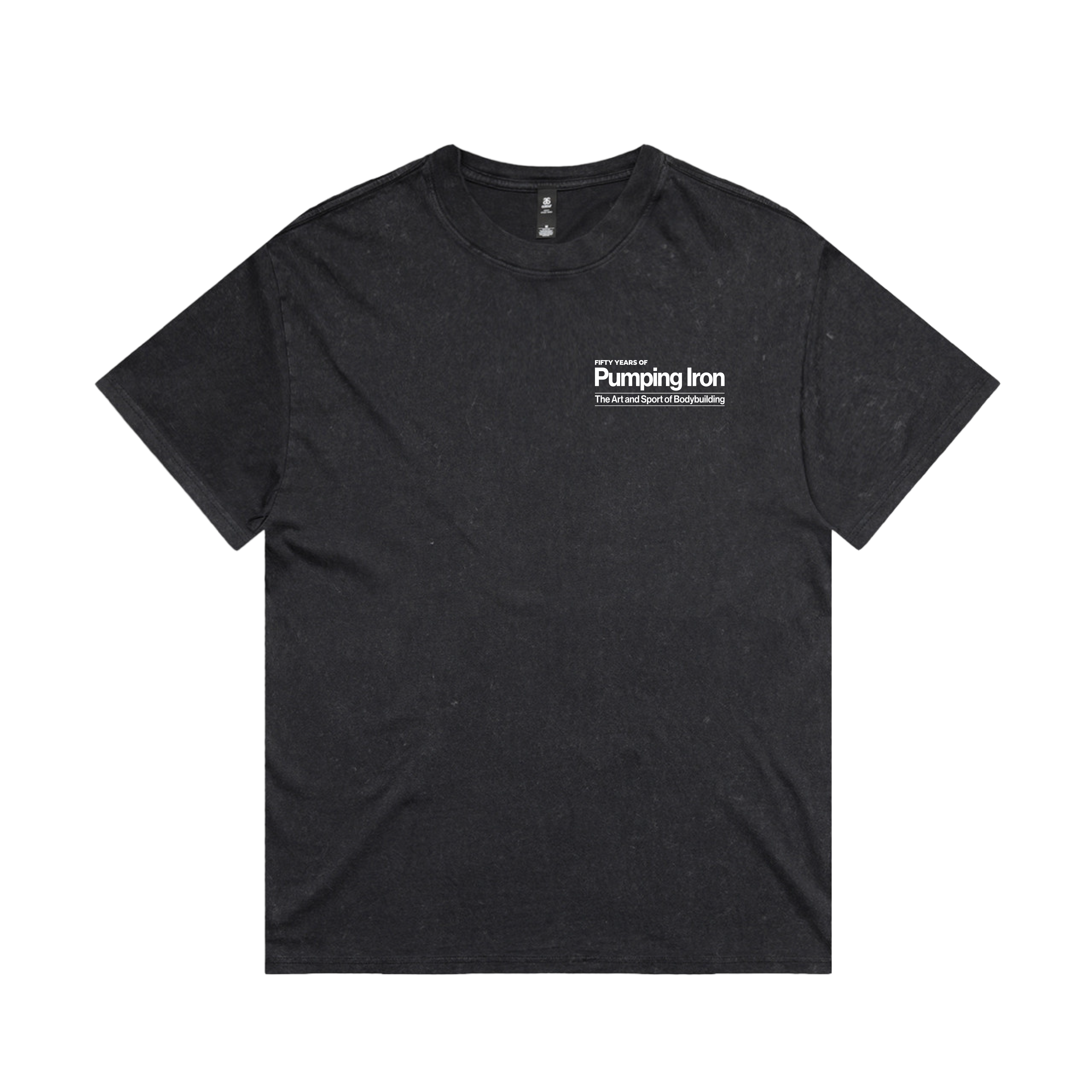 Pumping Iron 50 T-Shirt front — black crewneck with 'Fifty Years of Pumping Iron: The Art and Sport of Bodybuilding' logo over the heart