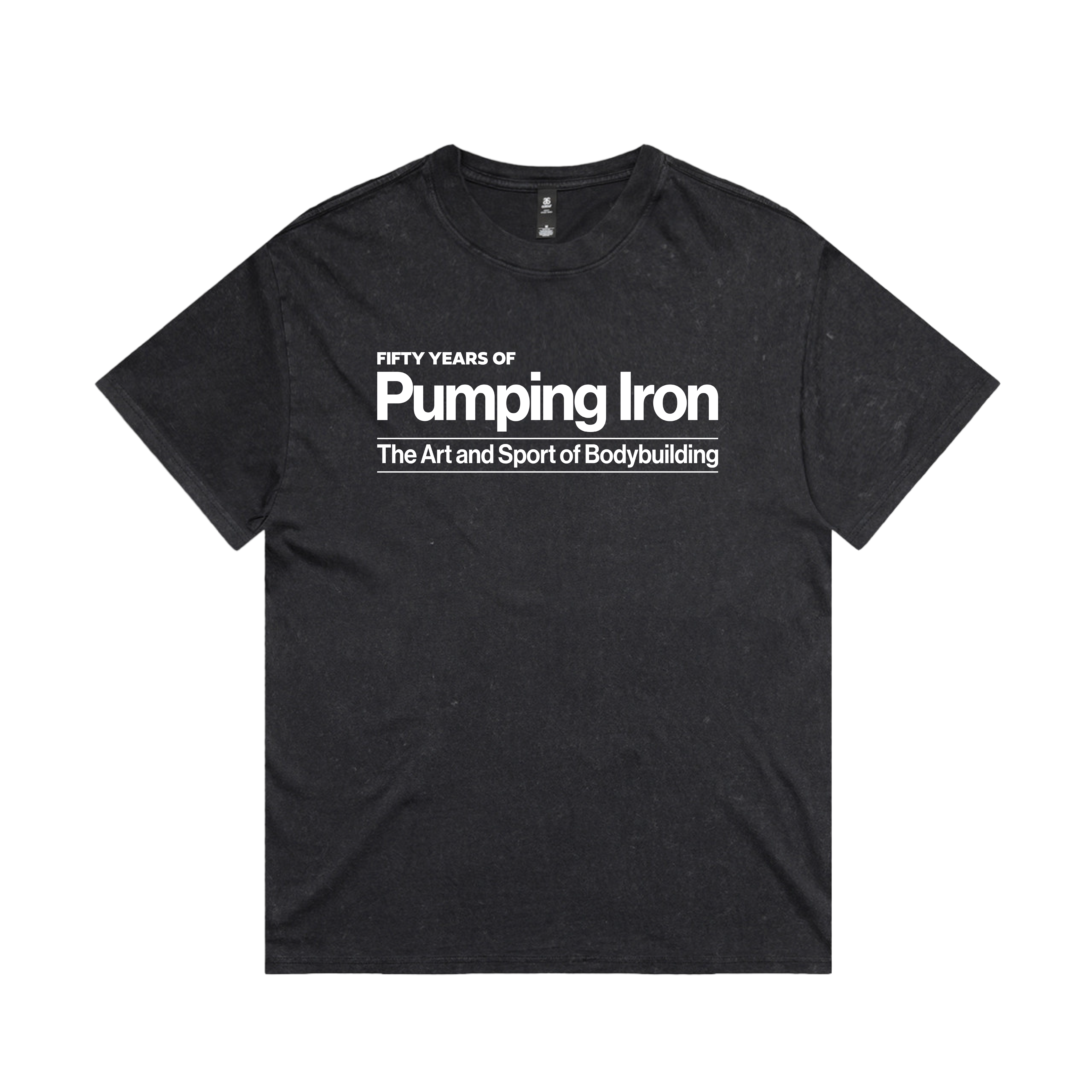 Venice Beach T-Shirt front — black heavyweight tee with 'Fifty Years of Pumping Iron: The Art and Sport of Bodybuilding' chest mark